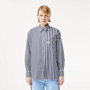 Women's Lacoste Striped Cotton Poplin Shirt Navy Blue White | EPY263481