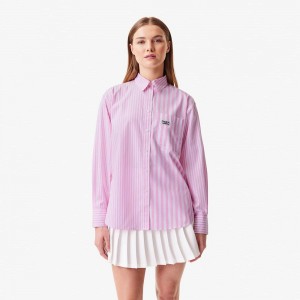 Women's Lacoste Striped Cotton Poplin Shirt Pink White | CZI187265