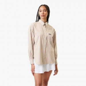 Women's Lacoste Striped Cotton Poplin Shirt Beige White | OFP965017