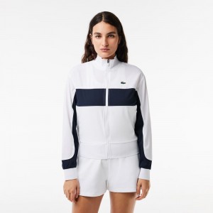 Women's Lacoste Ultra-Dry Colorblock Stretch Tennis Jackets White Navy Blue | OFI385620