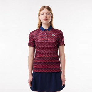 Women's Lacoste Ultra-Dry Patterned Golf Polo Shirts Blue Bordeaux Red | QVU025184