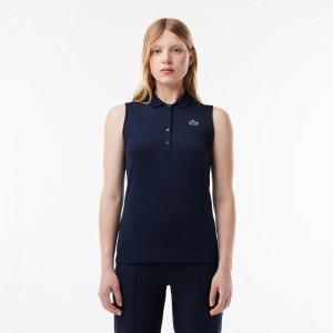 Women's Lacoste Ultra-Dry Slim Fit Anti-UV Stretch Golf Polo Shirts Navy Blue | ODA850264