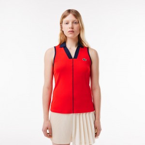 Women's Lacoste Ultra-Dry Tennis Polo Shirts Red Navy Blue | PJE576329