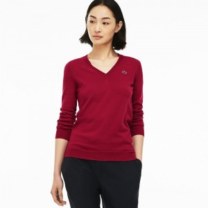 Women's Lacoste V-Neck Jersey Sweater Red | FXH751408