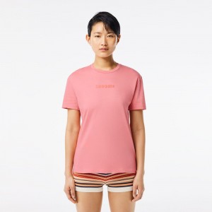 Women's Lacoste Vintage Print Soft Cotton Jersey T-Shirt Tourmaline pink | YPB317620