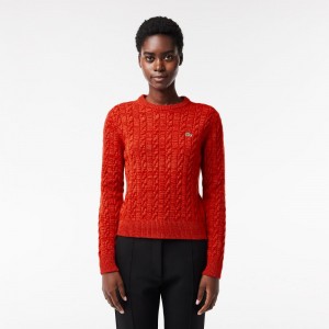 Women's Lacoste Wool Blend Cable Knit Sweater Red Orange | FSD385461