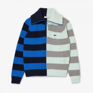 Women's Lacoste Wool Zip Neck Contrast Stripe Colorblock Sweater Grey Chine Navy Blue Blue White Light Blue | HGZ510243