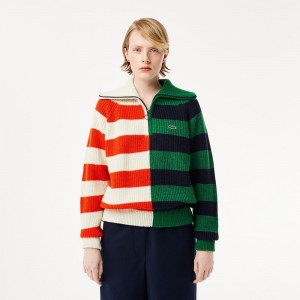 Women's Lacoste Wool Zip Neck Contrast Stripe Colorblock Sweater White Orange Navy Blue Green Blue | TYS642019