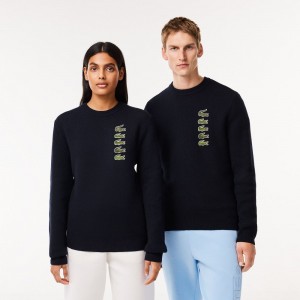 Women's Lacoste Wool and Cotton Blend Badge Sweater Abysm blue | ICL680547