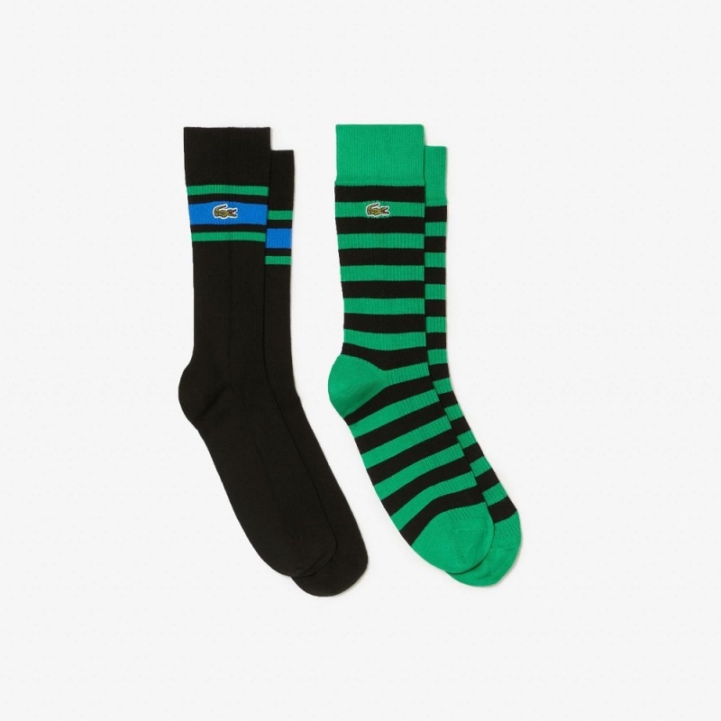 Men\'s Lacoste 2-Pack Striped Cotton Socks Green Black Blue | BPO258706