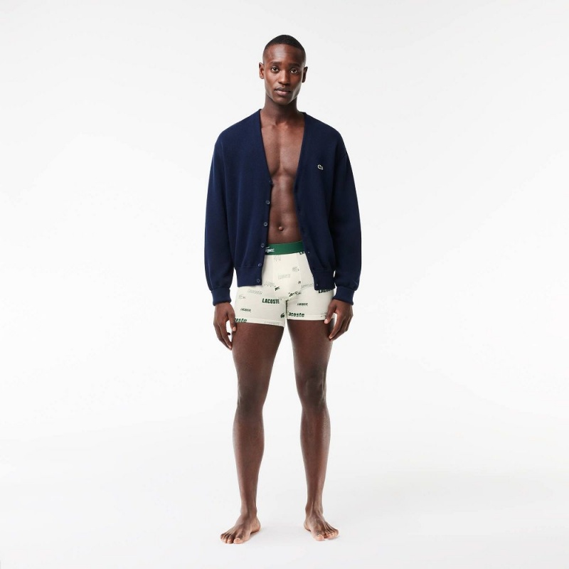 Men's Lacoste 3-Pack Stretch Cotton Print Boxer Briefs White Navy Blue Green | TEQ952401