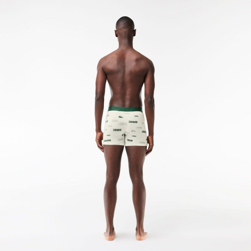 Men's Lacoste 3-Pack Stretch Cotton Print Boxer Briefs White Navy Blue Green | TEQ952401