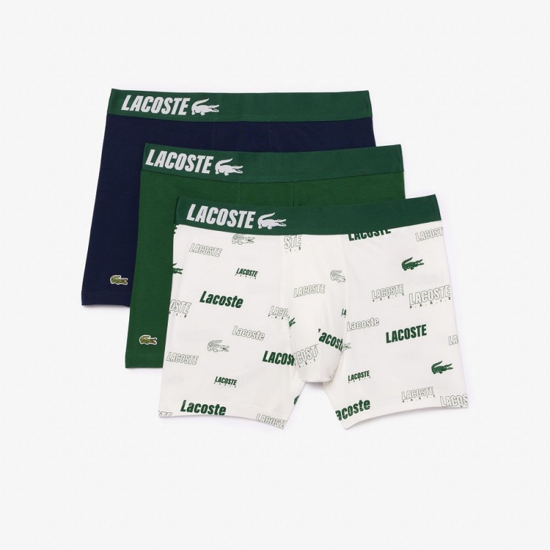 Men's Lacoste 3-Pack Stretch Cotton Print Boxer Briefs White Navy Blue Green | TEQ952401