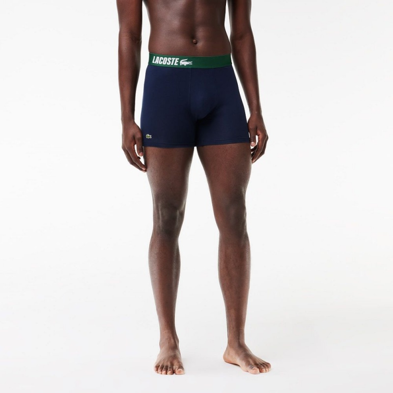 Men's Lacoste 3-Pack Stretch Cotton Print Boxer Briefs White Navy Blue Green | TEQ952401