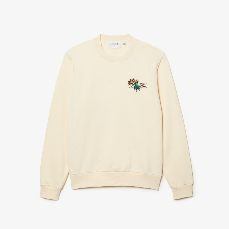 Men's Lacoste Badge Organic Cotton Sweatshirt Cream | YPJ041327