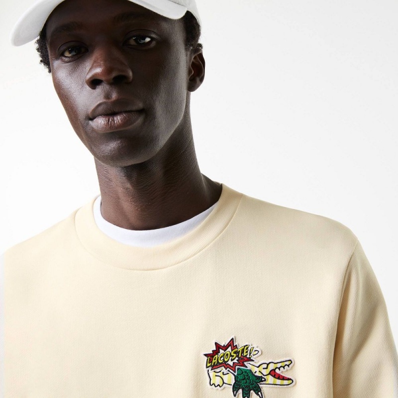 Men's Lacoste Badge Organic Cotton Sweatshirt Cream | YPJ041327