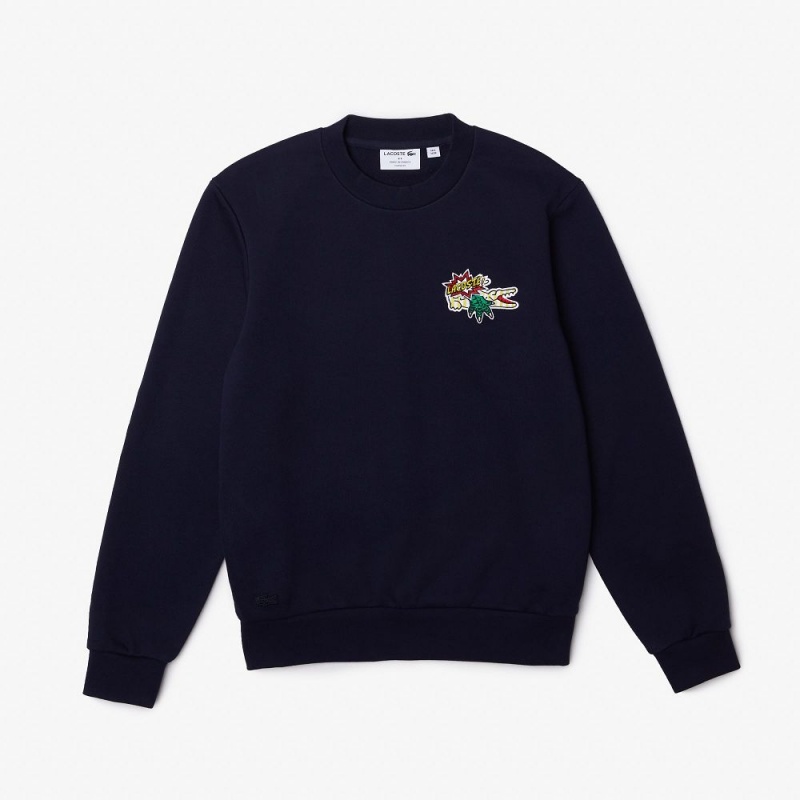 Men's Lacoste Badge Organic Cotton Sweatshirt Navy Blue | UKI240165