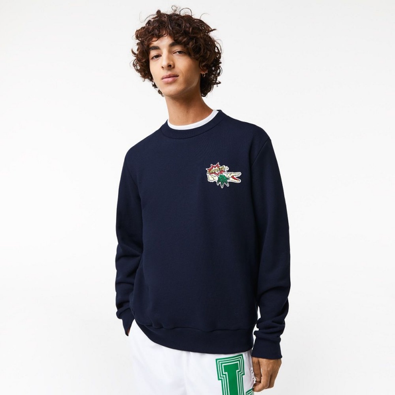 Men\'s Lacoste Badge Organic Cotton Sweatshirt Navy Blue | UKI240165