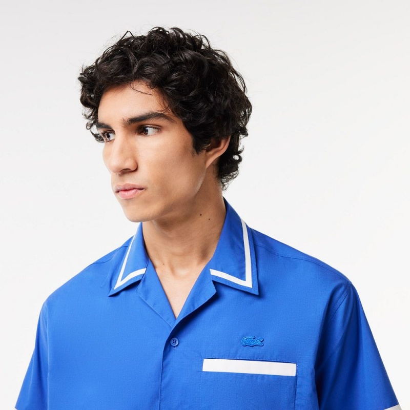 Men's Lacoste Branded Back Cotton Twill Shirt Blue White | URG169245