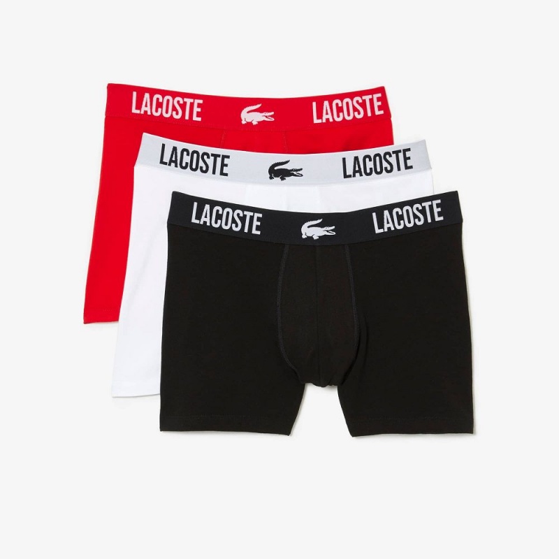 Men's Lacoste Branded Contrast Croc 3-Pack Boxer Briefs Black Red White | BQL962107