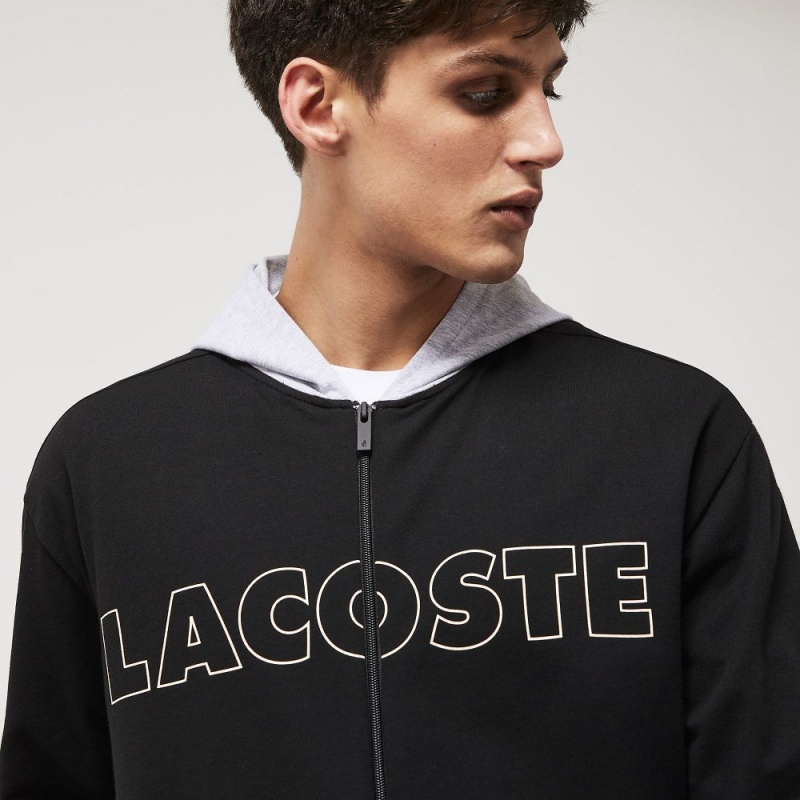 Men's Lacoste Branded Cotton Fleece Lounge Hoodie Black Grey Chine | EFK879146