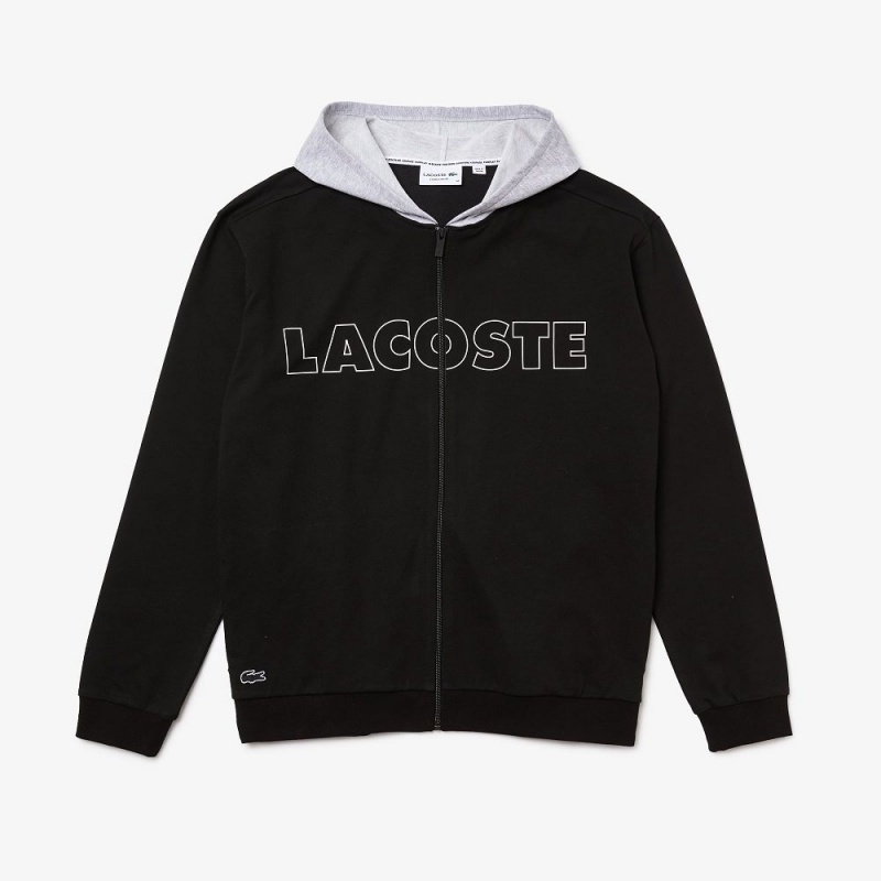 Men's Lacoste Branded Cotton Fleece Lounge Hoodie Black Grey Chine | EFK879146