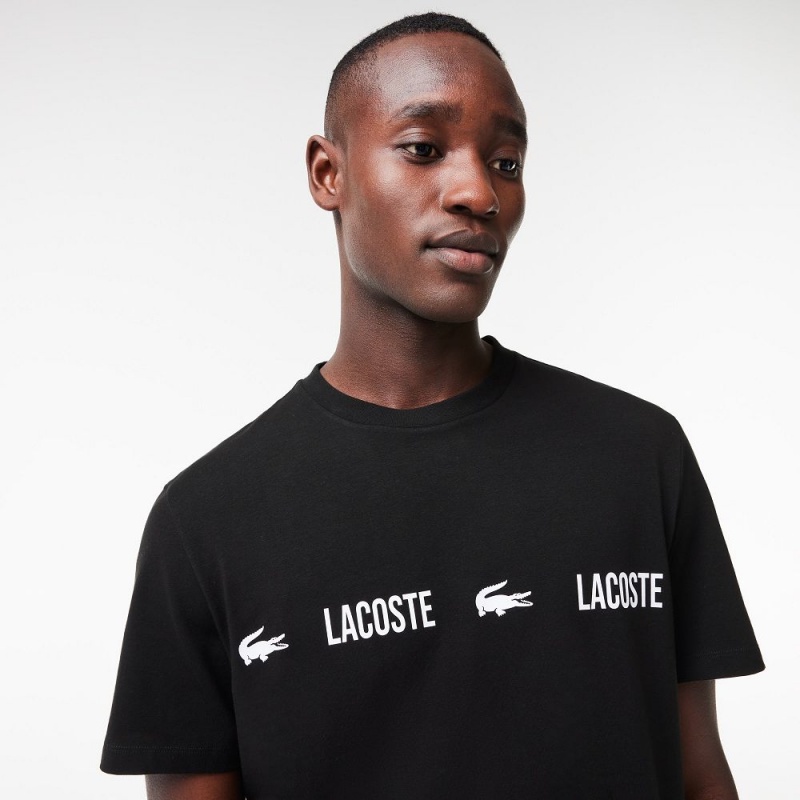 Men's Lacoste Branded Jersey Top Pajamas Black White | WJV657018