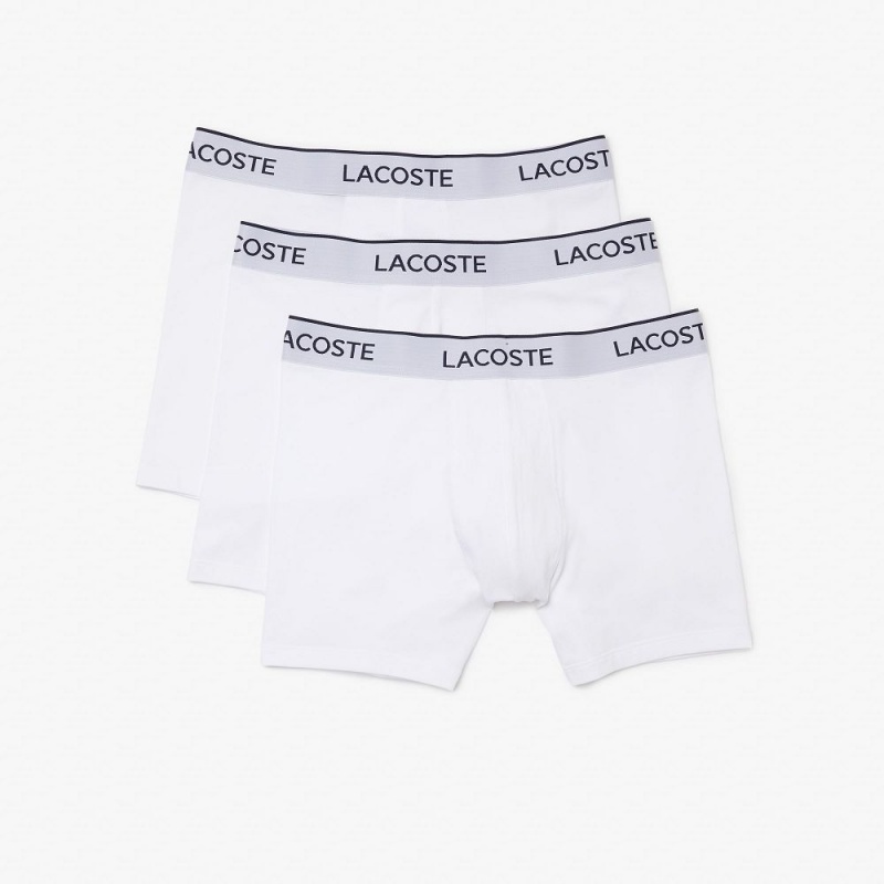 Men\'s Lacoste Branded Striped 3-Pack Boxer Briefs White | SPN231789