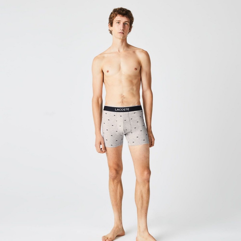 Men's Lacoste Branded Waist Stretch Cotton 3-Pack Boxer Briefs Black Grey Chine | ZWQ736502