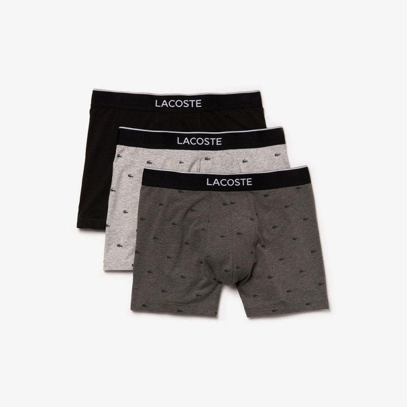 Men's Lacoste Branded Waist Stretch Cotton 3-Pack Boxer Briefs Black Grey Chine | ZWQ736502