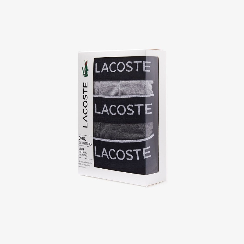 Men's Lacoste Branded Waist Stretch Cotton 3-Pack Boxer Briefs Black Grey Chine | ZWQ736502