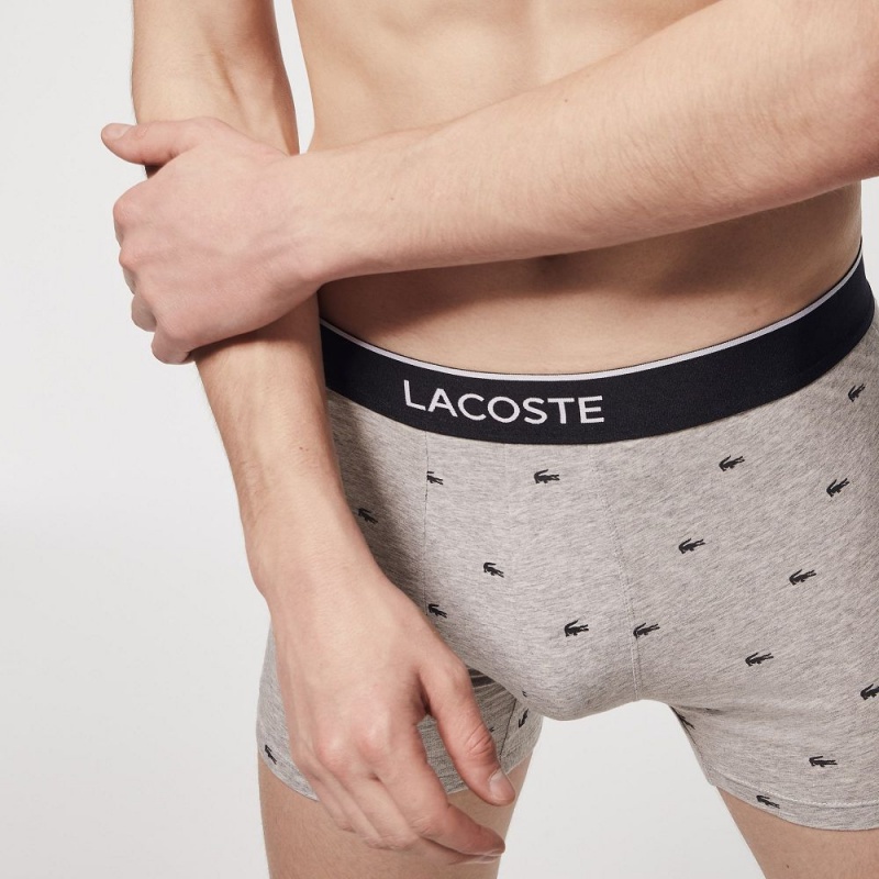 Men's Lacoste Branded Waist Stretch Cotton 3-Pack Boxer Briefs Black Grey Chine | ZWQ736502