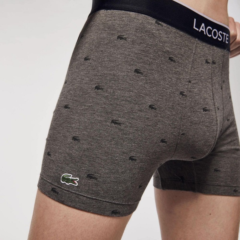 Men's Lacoste Branded Waist Stretch Cotton 3-Pack Boxer Briefs Black Grey Chine | ZWQ736502