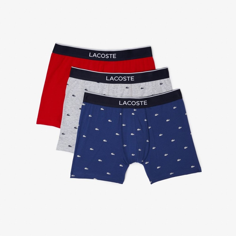 Men's Lacoste Branded Waist Stretch Cotton 3-Pack Boxer Briefs Navy Blue Grey Chine Red | POM153029