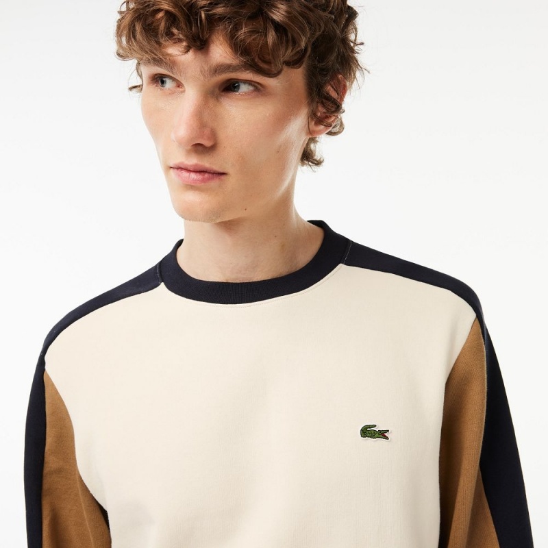 Men's Lacoste Brushed Fleece Colorblock Sweatshirt White Brown Navy Blue | SUH810395