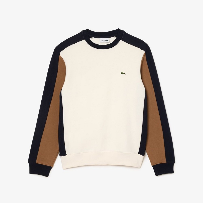 Men's Lacoste Brushed Fleece Colorblock Sweatshirt White Brown Navy Blue | SUH810395