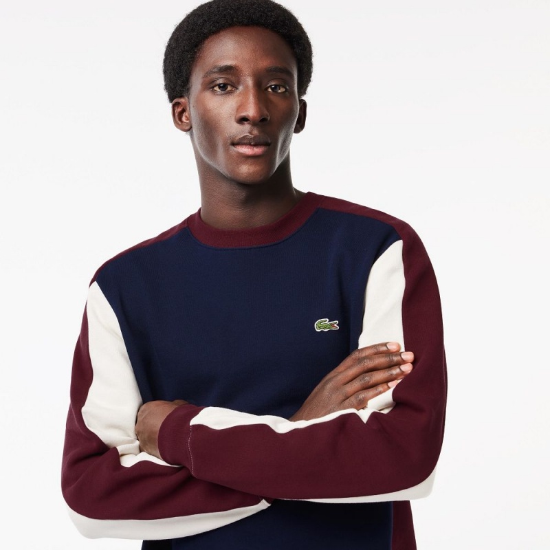 Men's Lacoste Brushed Fleece Colorblock Sweatshirt Navy Blue Bordeaux White | GPZ863529