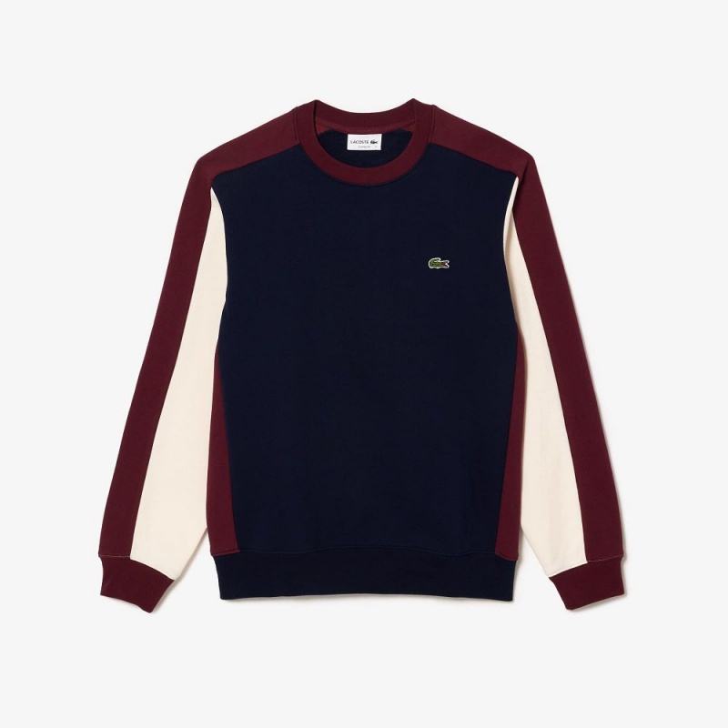 Men's Lacoste Brushed Fleece Colorblock Sweatshirt Navy Blue Bordeaux White | GPZ863529