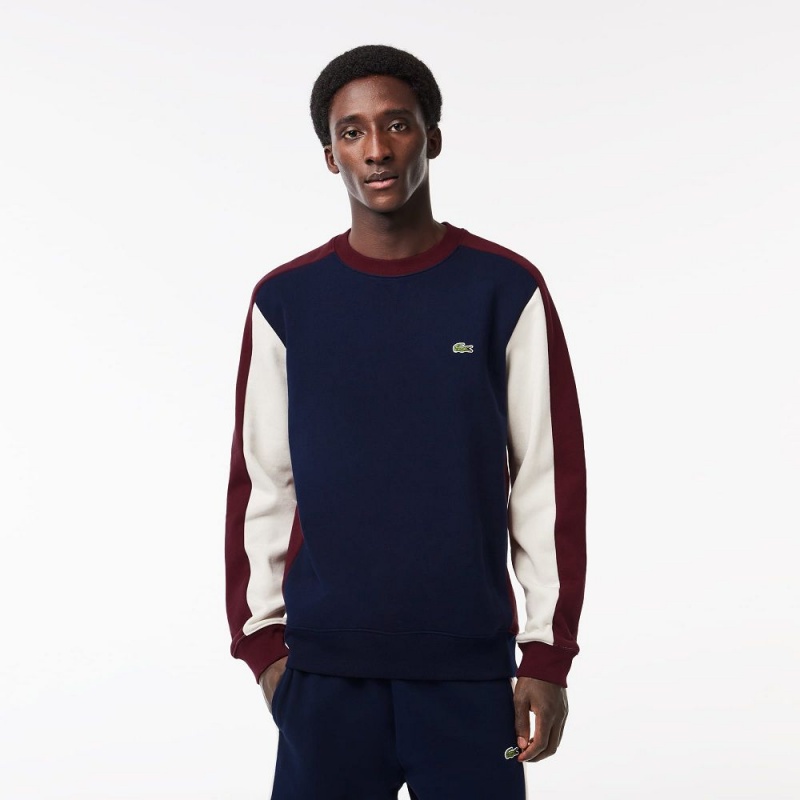 Men\'s Lacoste Brushed Fleece Colorblock Sweatshirt Navy Blue Bordeaux White | GPZ863529