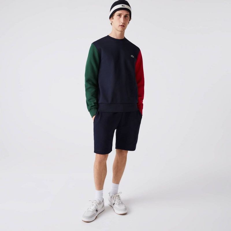 Men\'s Lacoste Brushed Fleece Sweatshirt Navy Blue Green Red | SVJ368591