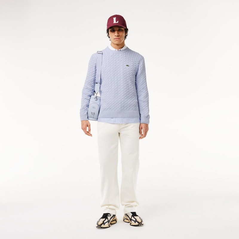 Men's Lacoste Cable Knit Cotton Sweater Light Blue Bordeaux | AWM736192