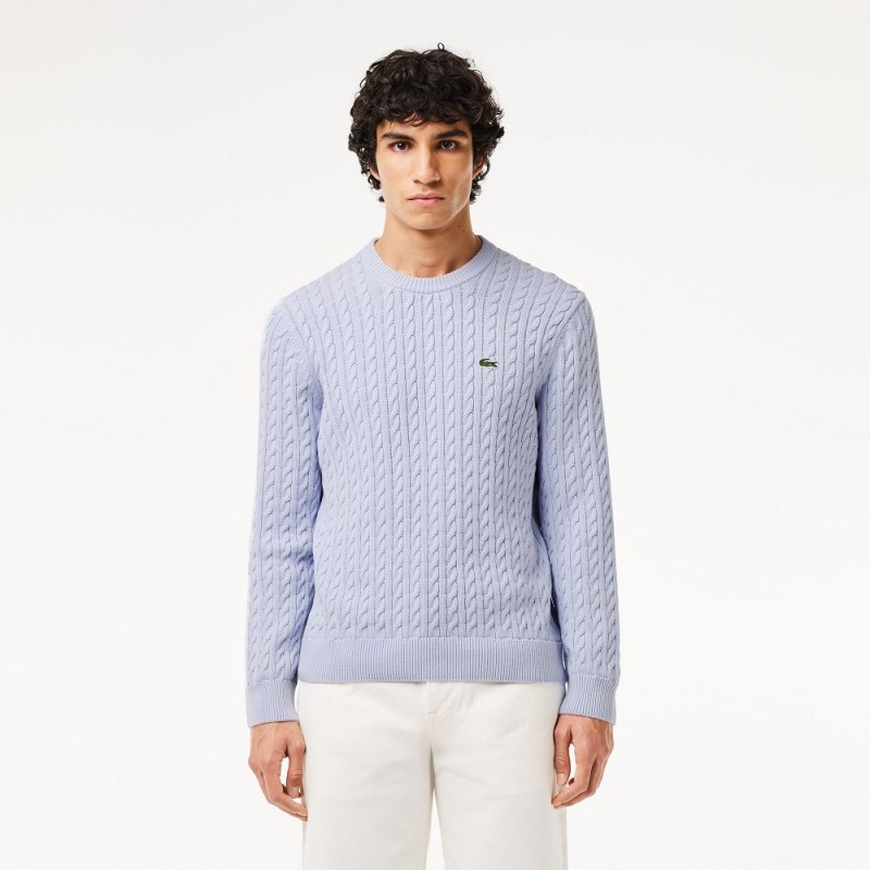 Men\'s Lacoste Cable Knit Cotton Sweater Light Blue Bordeaux | AWM736192