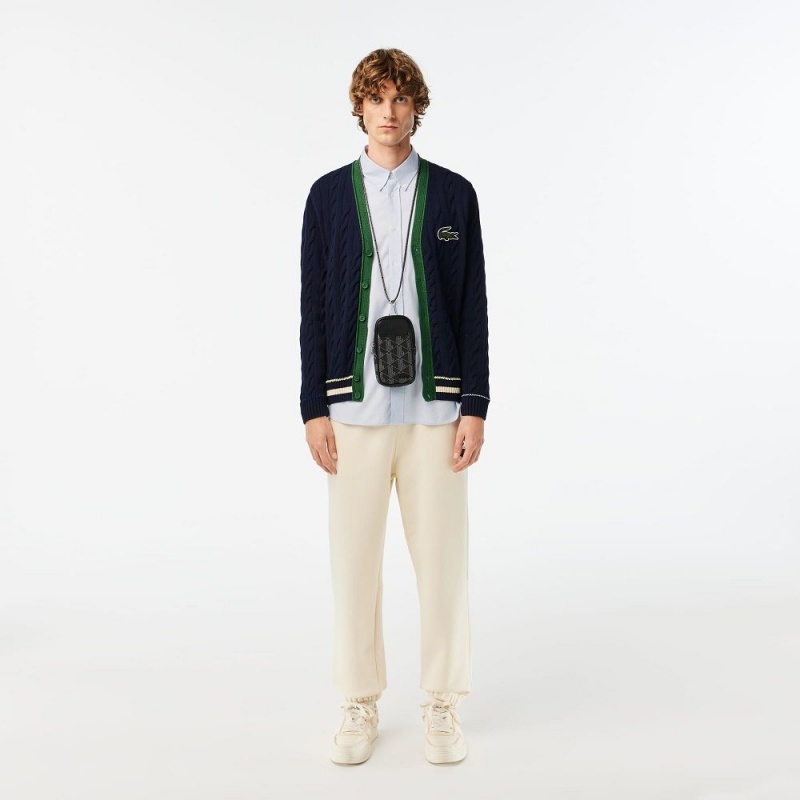 Men's Lacoste Cable Knit Organic Cotton Cardigan Sweater Navy Blue White | SVQ621390