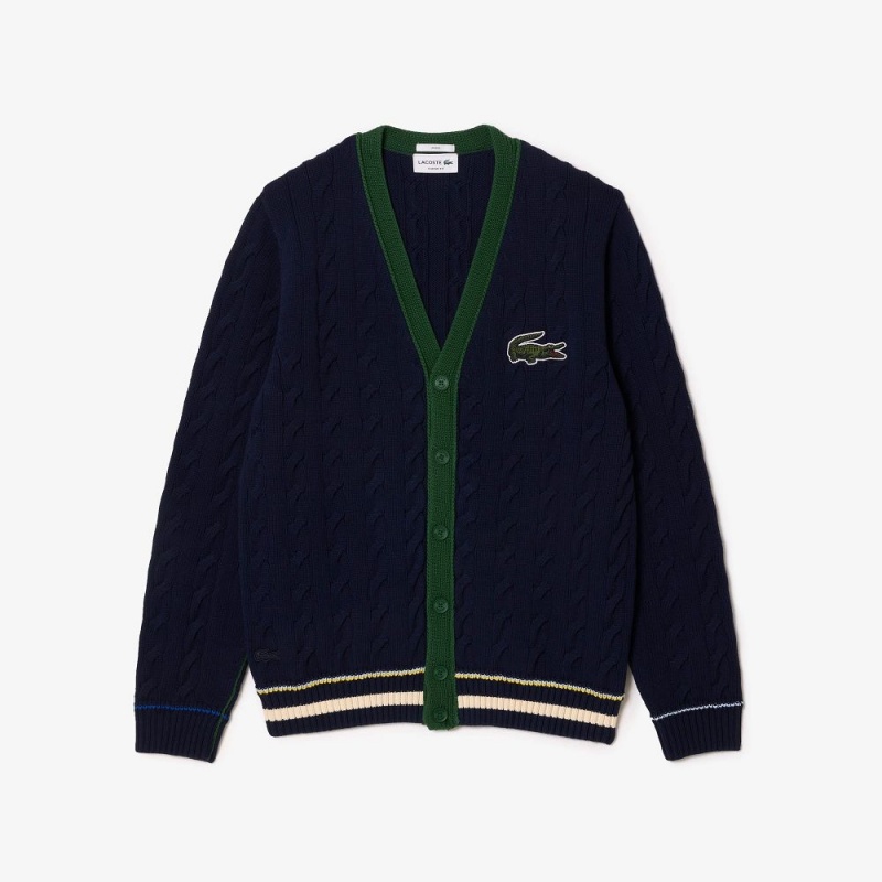 Men's Lacoste Cable Knit Organic Cotton Cardigan Sweater Navy Blue White | SVQ621390