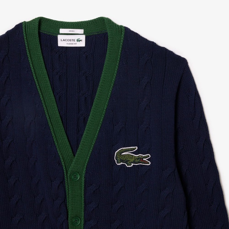 Men's Lacoste Cable Knit Organic Cotton Cardigan Sweater Navy Blue White | SVQ621390