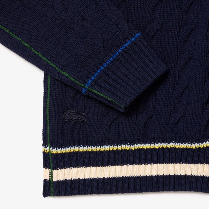 Men's Lacoste Cable Knit Organic Cotton Cardigan Sweater Navy Blue White | SVQ621390