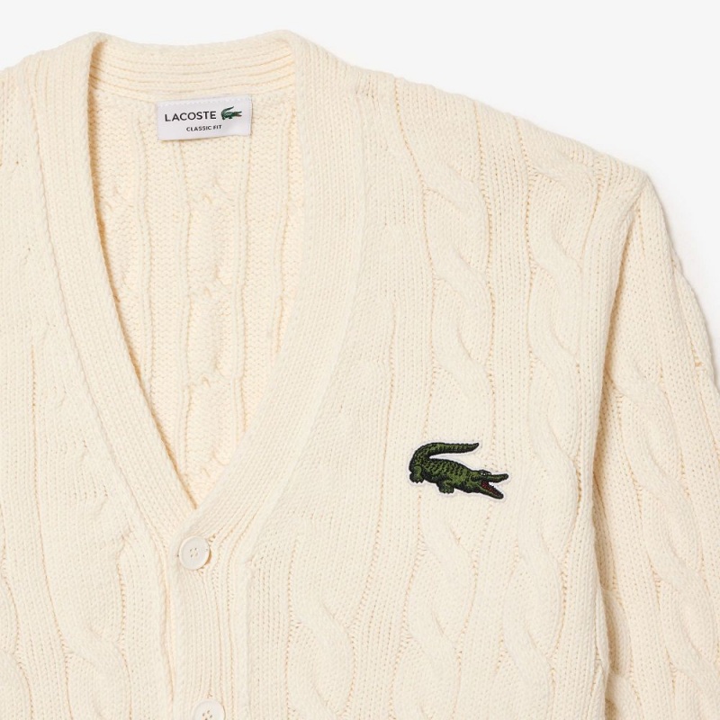 Men's Lacoste Cable Knit Striped Cardigan Sweater White Blue Green | WTM614523