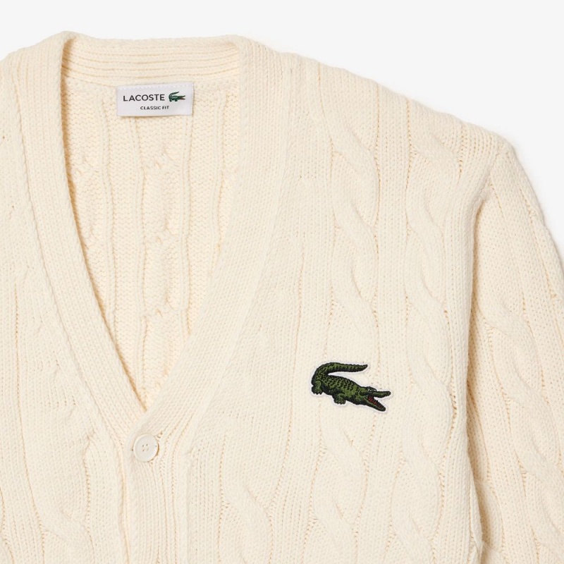 Men's Lacoste Cable Knit Striped Cardigan Sweater White Blue Green | WTM614523