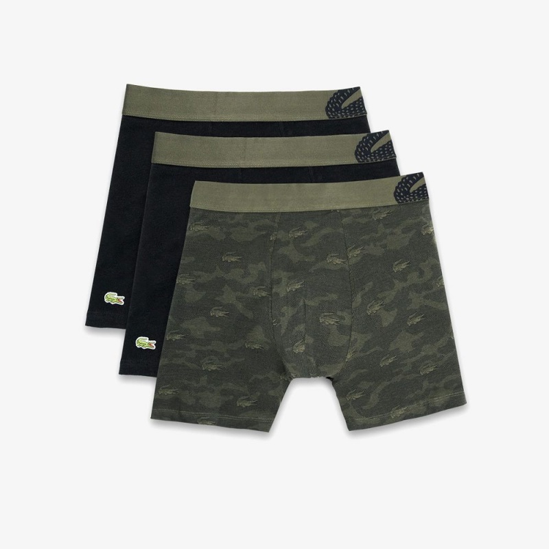 Men\'s Lacoste Camouflage Print 3-Pack Boxer Briefs Khaki Green Black | BNZ957063