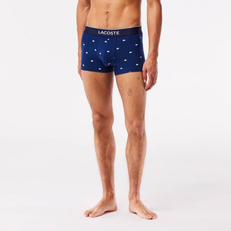 Men's Lacoste Casual Signature 3-Pack Boxer Trunks Navy Blue Grey Chine Red | GAZ345891